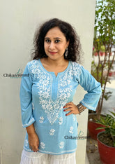Tanisha Rayon Short Chikankari Kurti - Powder Blue